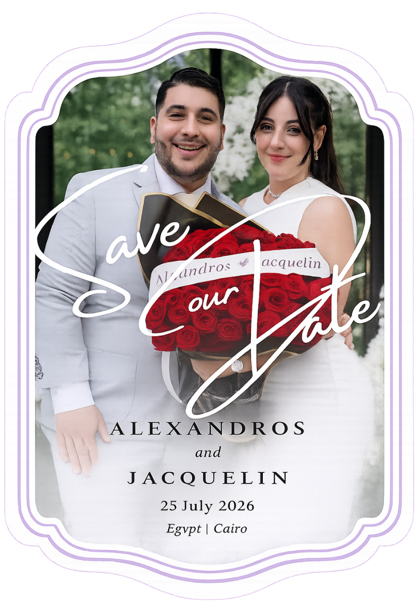 Fotokaart van Alexandros en Jacquelin met trouwdetails